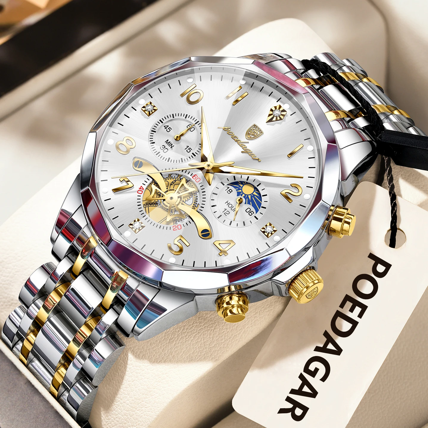 Relógio Masculino de Quartzo MDUG, aço inox, cronógrafo, resistente à água, luminoso (caixa dourada, mostrador branco)