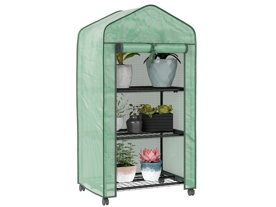 Mini Estufa Cm De Jardim Com 3 Prateleiras, Lona Pe Alta Densidade, Porta Enrolável, 4 Rodas, Escuro. 69l X 49w 130h
