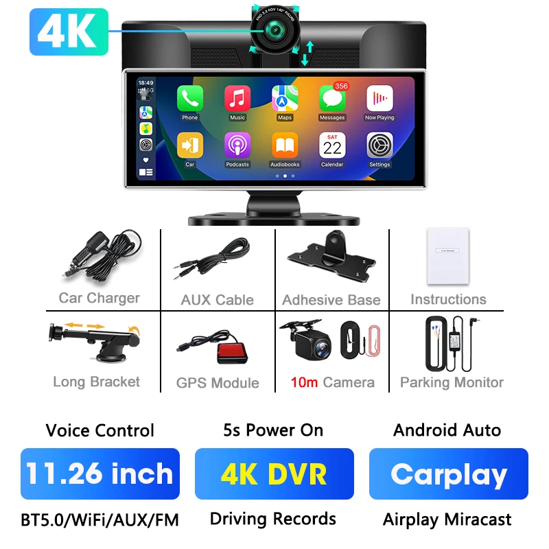 (conjunto Completo De 10m) Dvr Automotivo De 11,26 Polegadas, Carplay Sem Fio 4k