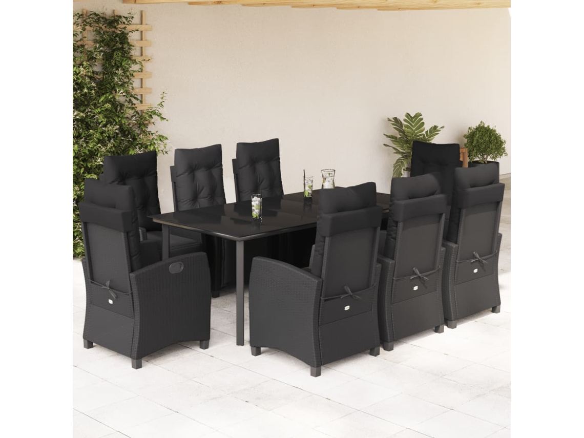 Vidaxl 9 Pcs Conjunto De Jantar P/ Jardim C/ Almofadões Vime Pe Preto