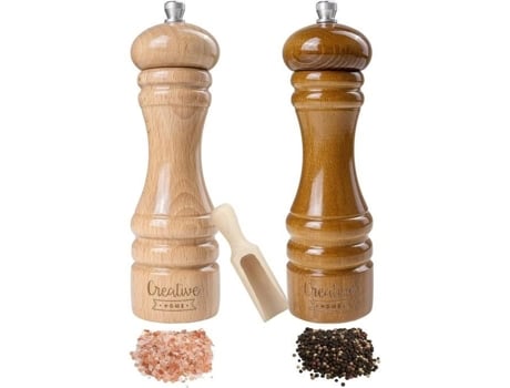 Moinho Manual de Madeira para Sal e Pimenta - CREATIVE HOME - Duo com Colher - Bege e Castanho - 18 cm x 5 cm