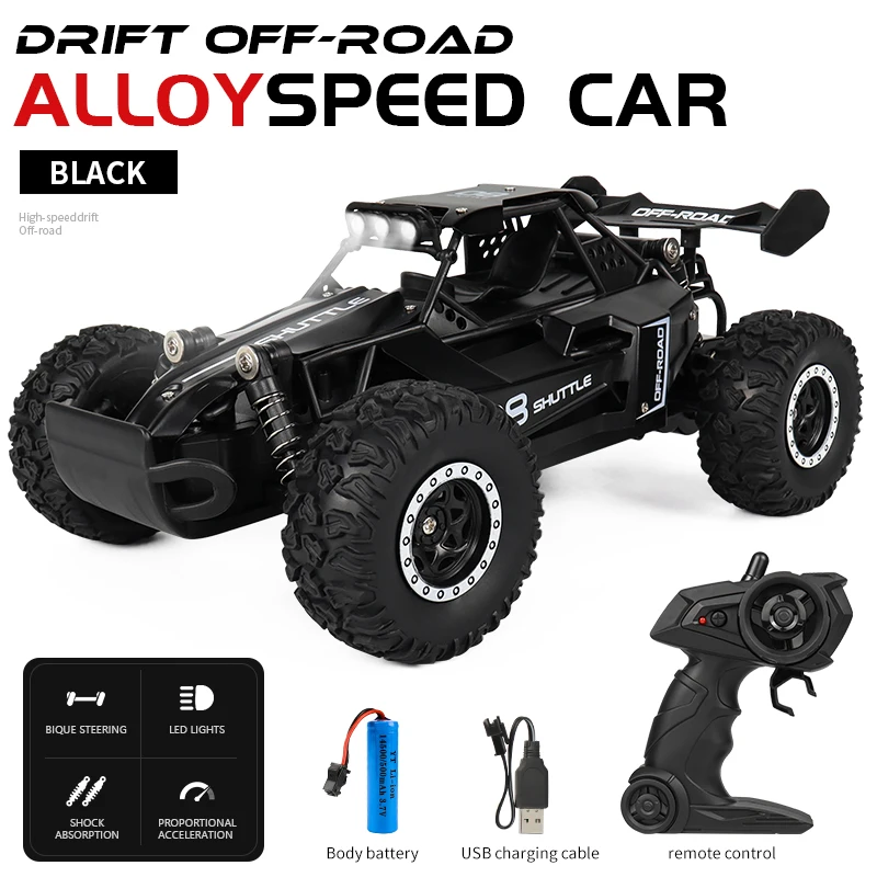 (preto) Carro De Corrida Off-road De Alta Velocidade Em Liga Metálica, Escala 1:16, Com Controle Remoto 2.4g.
