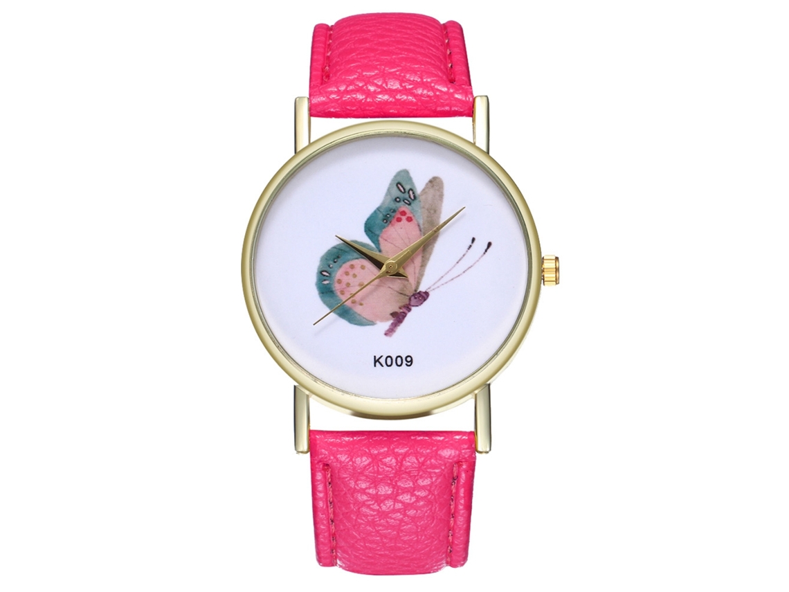 Reloj De Pulsera De Mujer De Cuero Con Mariposas Moda Rojo Rosa Cuarzo Analógico Redondo
