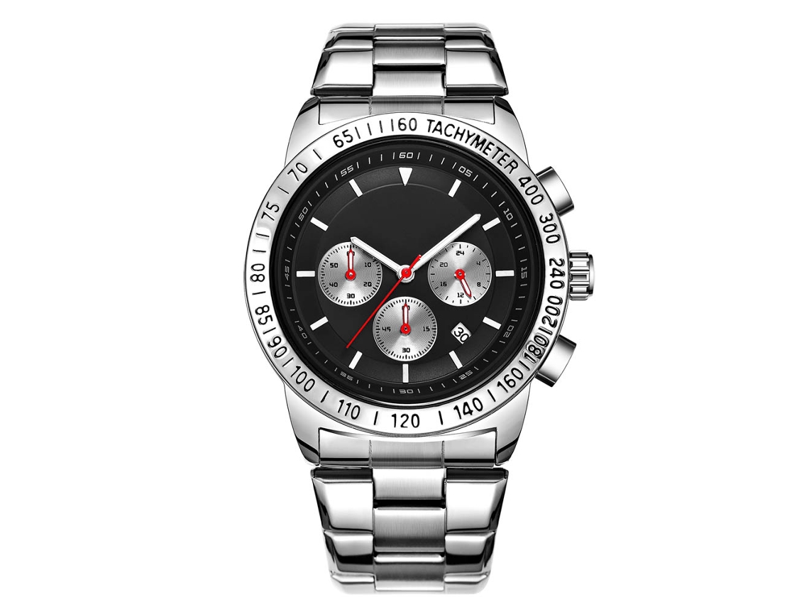 Relógio de pulso masculino Ochstin em aço inoxidável com pulseira de aço de corda manual, mostrador redondo, movimento de quartzo, preto e prata.