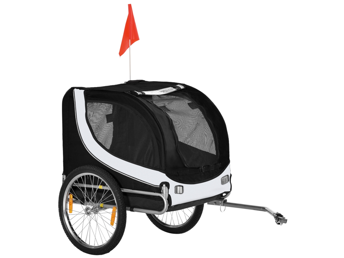 Trailer de Bicicleta para Cães de Tamanho Médio com Janelas Laterais e Bandeira, Trailer de Aço e Tecido Oxford, 130x73x90 Cm, Preto e Branco Ge