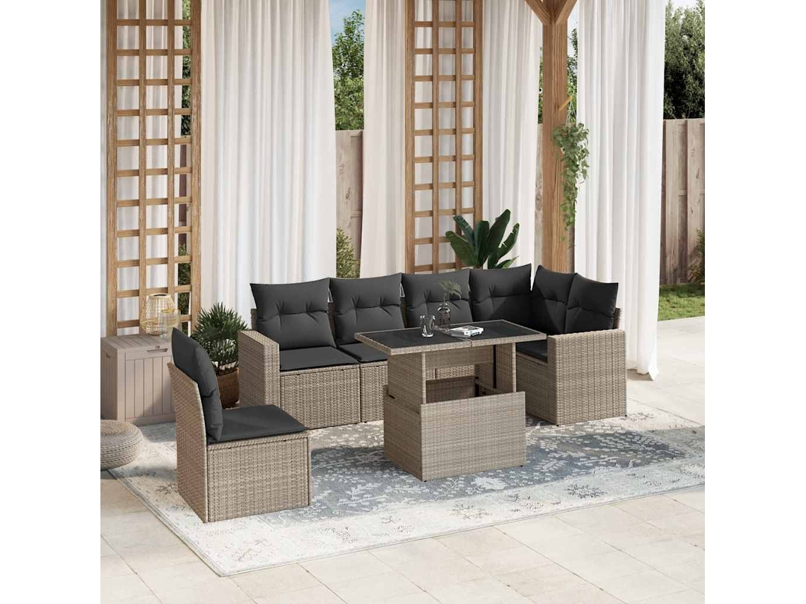 Vidaxl 7 Pcs Conj. Sofás Jardim Com Almofadões Vime Pe Cinzento-claro