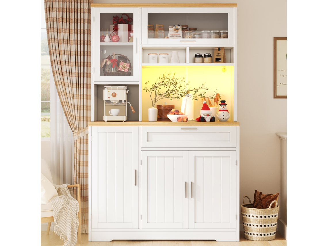 Armário Alto Envidraçado Com Iluminação Led 104x40x180cm Branco E Preto Adequado Para Cozinha E Sala