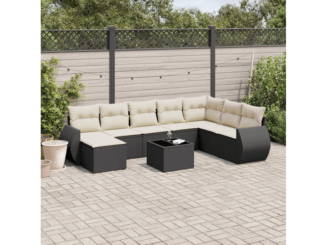 9 Pcs Conjunto De Sofás P/ Jardim C/ Almofadões Vime Pe Preto Dkd Home Decor