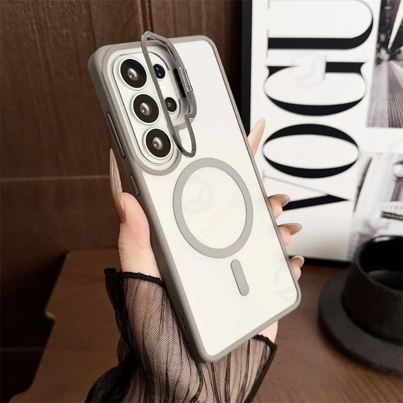 Capa Para Celular Com Suporte Magnético Para Lente (galaxy S22 5g Cinza), Compatível Com Carregamento Sem Fio.