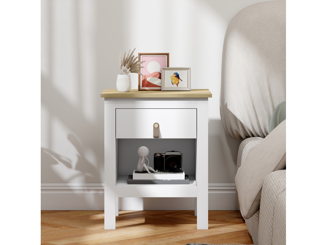 Mesilla De Noche Con 1 Cajón Compartimento Abierto Tirador De Pu Mesa Auxiliar Para Salón Dormitorio 45x40x55 Cm Blanco