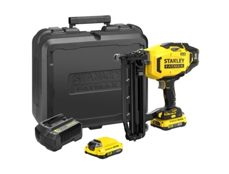 Pregador de acabamento STANLEY V20 Li-Ion 18V 16Ga com 2 baterias de íons de lítio 2Ah, carregador 2A e maleta de transporte