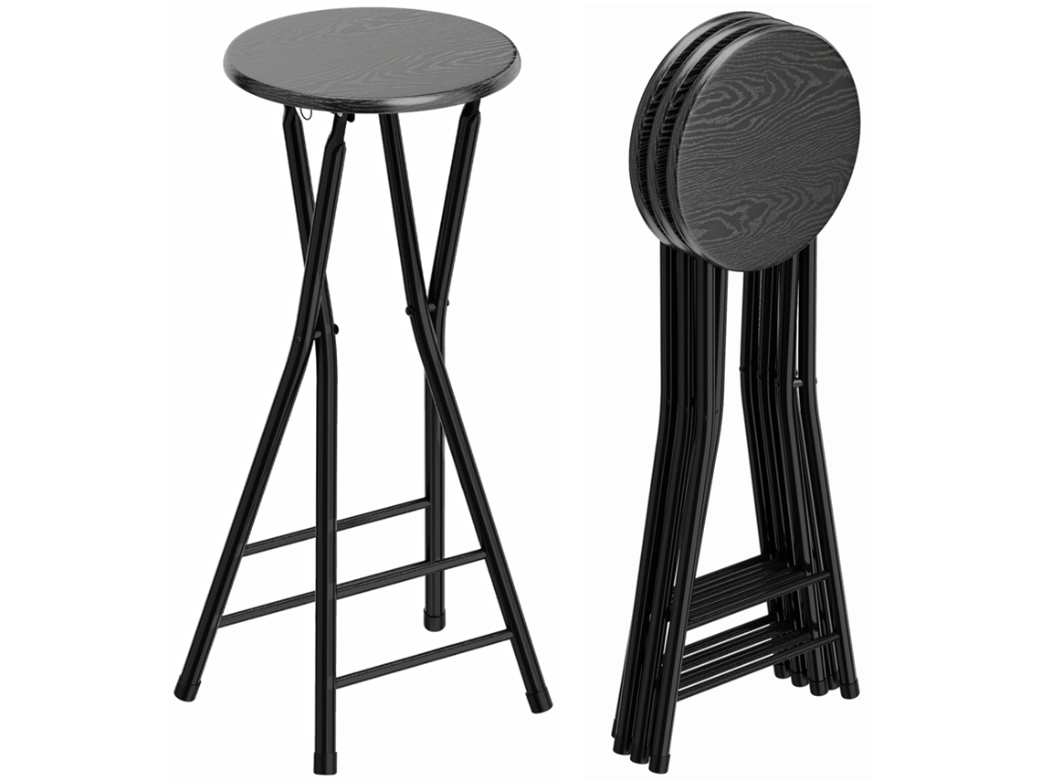 Conjunto de 4 Banquetas Dobráveis com Apoio Duplo para os Pés, Madeira e Aço, 34x30x70 Cm, Pretas, ETOWN COMMERCE GMBH