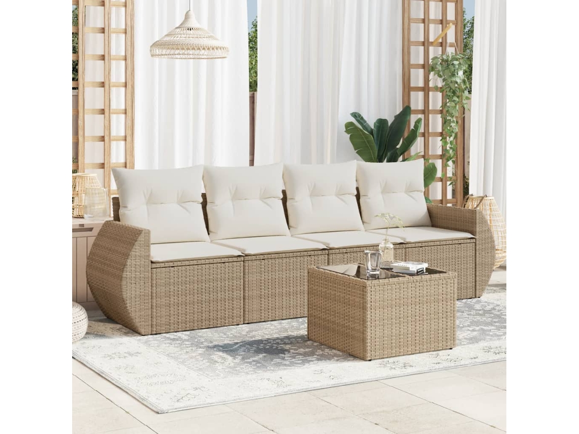 Vidaxl 5 Pcs Conjunto De Sofás P/ Jardim Com Almofadões Vime Pe Bege