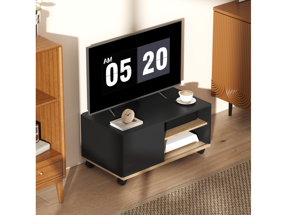 Móvel De Tv Com Rodas Para Tvs Até 42 Polegadas, 1 Porta, 2 Compartimentos, 80x45x41 Cm, Preto