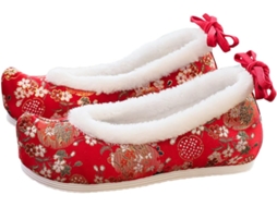 Sapatilhas Femininas Bordadas Em Estilo Chinês Com Salto Plataforma, Em Tecido E Algodão, Vermelhas.