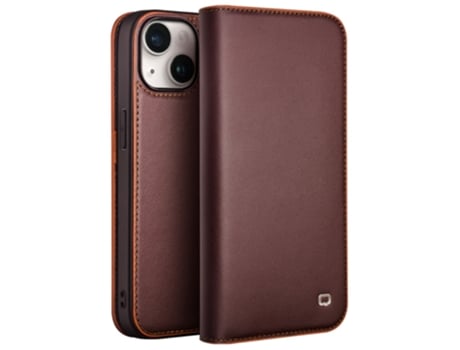Capa Genuíno Para Iphone 15 Plus Qialino Pele Castanho