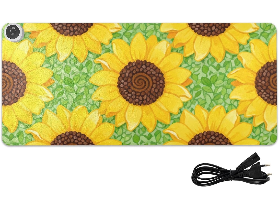 Mousepad Aquecido em Couro Amarelo com Estampa de Girassol, 80 X 33 Cm, Ideal para Decoração Escritório. Cm