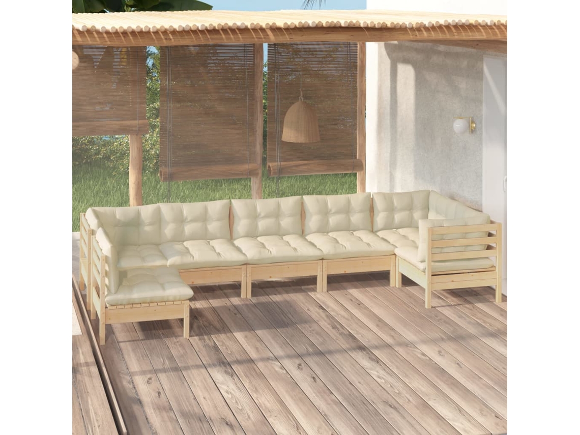Vidaxl 7 Pcs Conjunto Lounge De Jardim C/ Almofadões Cor Creme Pinho