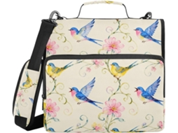 Pasta Organizadora Impermeável Documentos, Com Alça, Fundo Floral Com Pássaros Em Tons De Bege, Azul E Amarelo