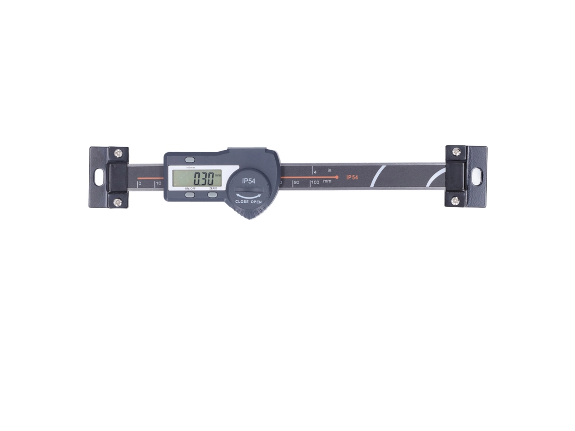 Paquímetro digital horizontal IP54 com visor LCD e função de zeragem, mede de 0 a 100 mm / 0,0 a 3,9 polegadas.
