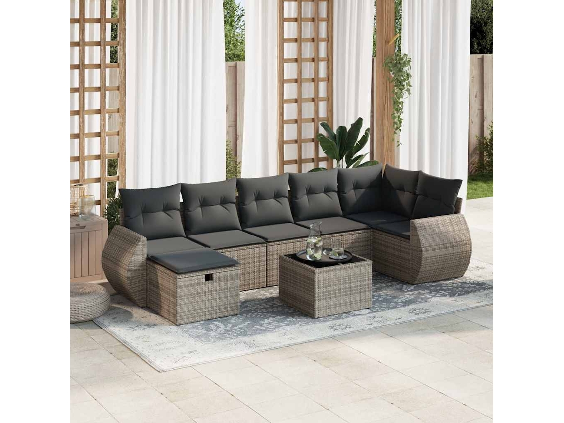 Vidaxl 8 Pcs Conjunto Sofás De Jardim C/ Almofadões Vime Pe Cinzento