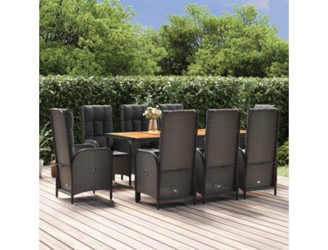 Conjunto de Jantar para Jardim com Almofadões Vime Pe Preto 9 Un