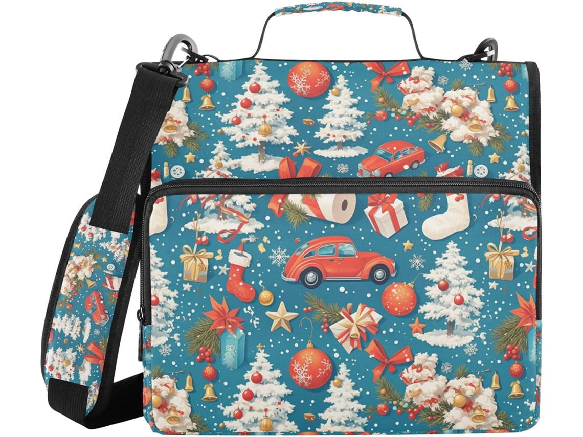Pasta Organizadora Com Árvore De Natal, Estrela E Carro, Azul, Com Alça De Ombro E Mão, Vários Bolsos, 3, 8cm, 3-selos