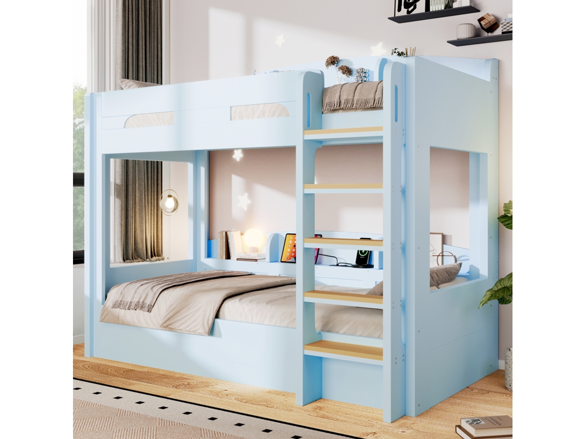 Cama Em Altura Com Cama Inferior E Tomada Usb Em Madeira Maciça E Mdf Azul 123.5