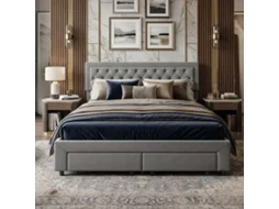 Cama com Baú King Size 180x200cm com Gavetas Estrutura Estofada em Tecido Cinzento Cabeceira e Ripas LAZYSPACE