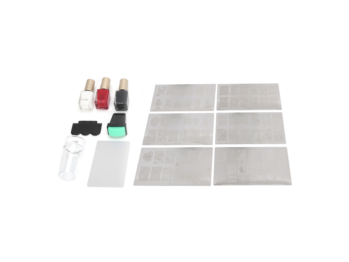 Kit de unhas postiças com prensa, folha de alumínio, raspador e modelos de manicure em aço inoxidável.