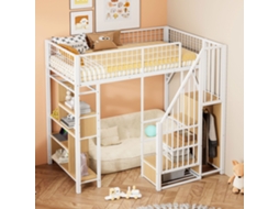 Cama Alta Multifuncional 90x200 Cm, Escada, Armazenamento, Prateleiras, Metal, Branco VSOGA