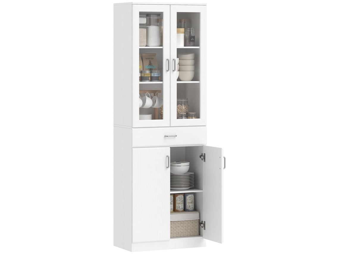 Aparador alto de cozinha VISTA, 4 portas, 2 de vidro, gavetas, branco