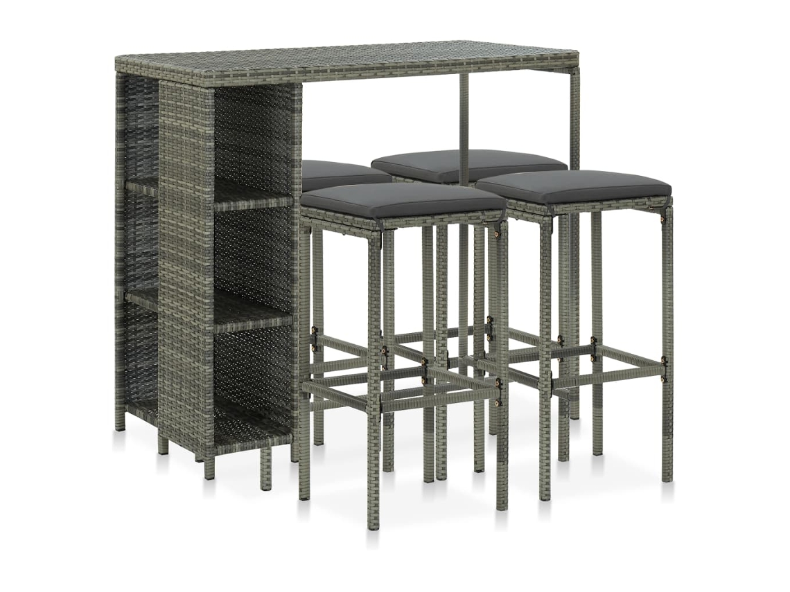 Vidaxl 5 Pcs Conjunto De Bar P/ Jardim C/ Almofadões Vime Pe Cinzento