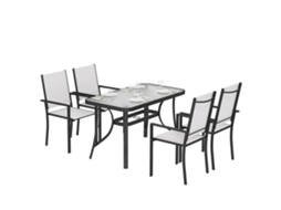 Conjunto de Jardim com 5 Peças com 4 Cadeiras Empilháveis e Mesa de Vidro Temperado com Furo para Guarda sol. Cinza Claro Ge