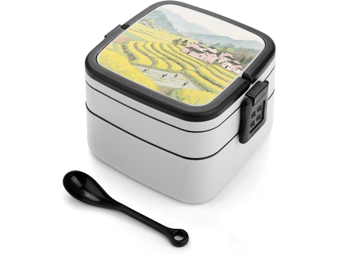 Marmita Bento De Camada Dupla Rapeseed Terraces Para Adultos Com Colher E Alça, À Prova De Vazamentos, Marmita