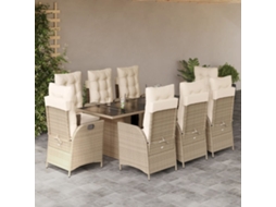 Vidaxl 9 Pcs Conjunto De Jantar P/ Jardim Com Almofadões Vime Pe Bege