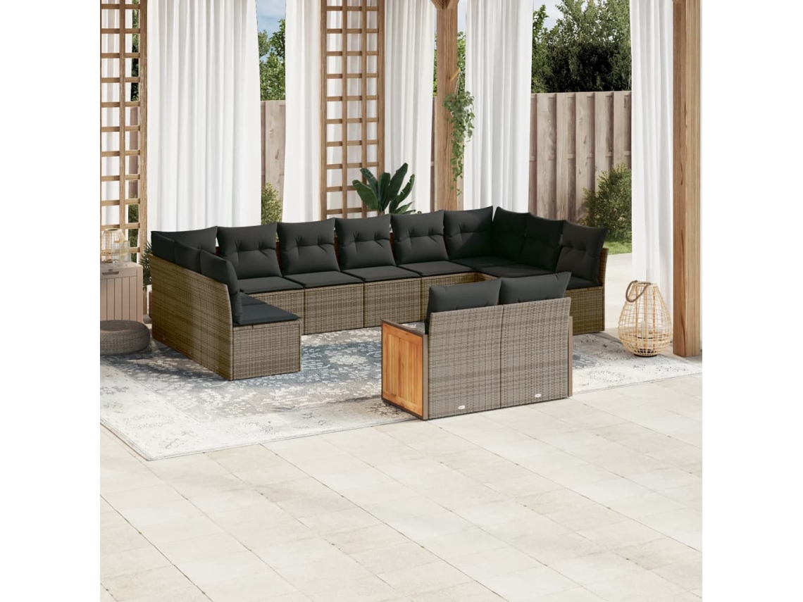 Vidaxl 12 Pcs Conjunto De Sofás Jardim C/ Almofadões Vime Pe Cinzento