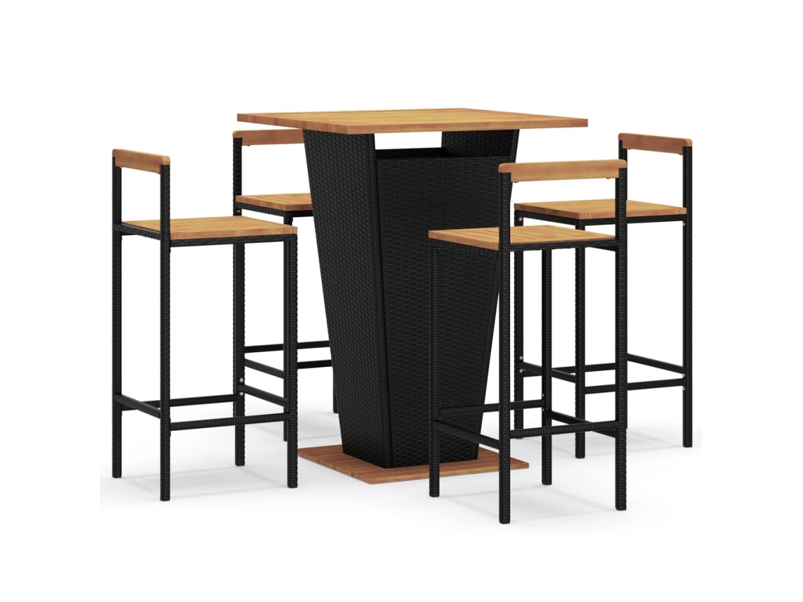 Conjunto de 5 Peças de Bar para Jardim Vime Pe/Acácia Maciça Preto CLIC N BUY 80x80x110 cm