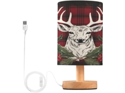 Abajur De Cabeceira Led Com Estampa Veado Em Tartan, Ideal Para O Quarto, Com Cúpula De Tecido, Base De Madeira E Porta