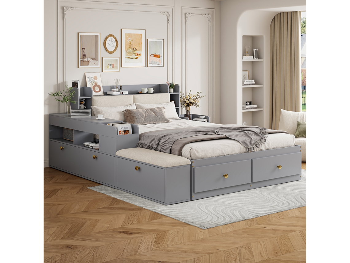 Cama Combinada Cinza 140x200cm Madeira, Cabeceira C/ Armazenamento, Gavetas, Criado-mudo, Banco. -op