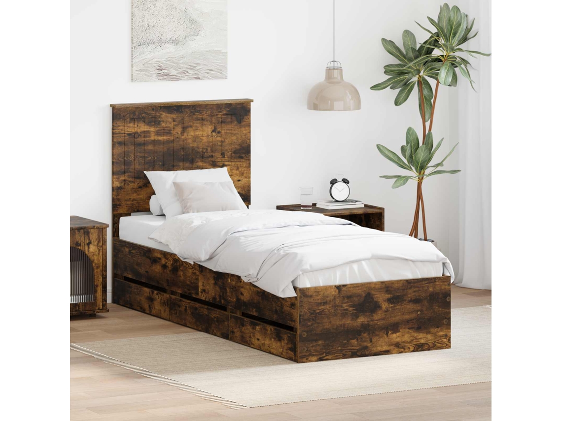 Vidaxl Estrutura Da Cama Com Gaveta Carvalho Defumado 75 X 190 Cm