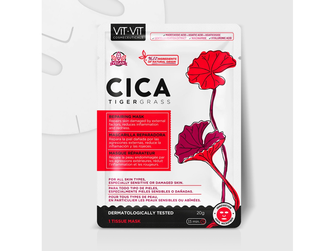 Mascarilla Tisú Cica Mascarilla Reparadora Pieles Sensibles Y Dañadas Por Factores Externos Vegano Reduce Inflamación Y Rojeces VIT VIT COSMETICS