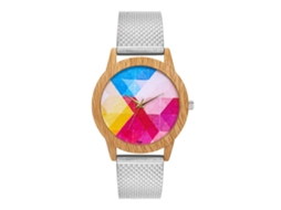 Relógio analógico de quartzo com pulseira de malha colorida para mulheres e homens, prateado.