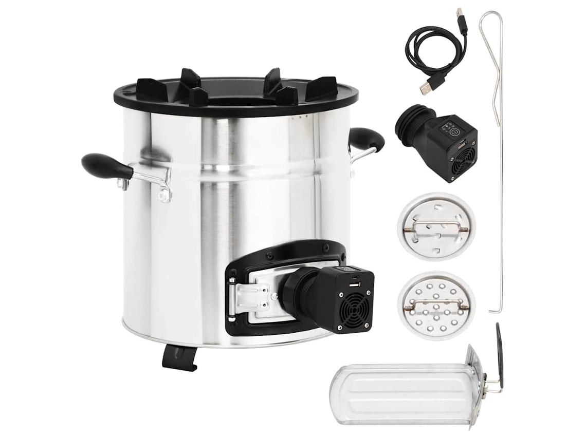 Vidaxl Fogão A Lenha C/ Ventilador Usb 35,5x26x28cm Aço Inox. Prateado