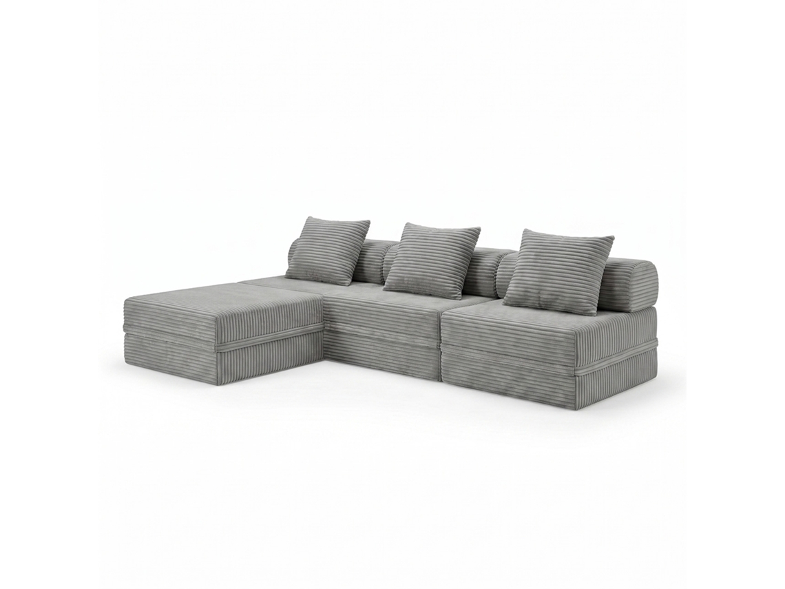 Sofá Modular 3+1+puff Convertível Veludo Listado Cinza SKOFFA