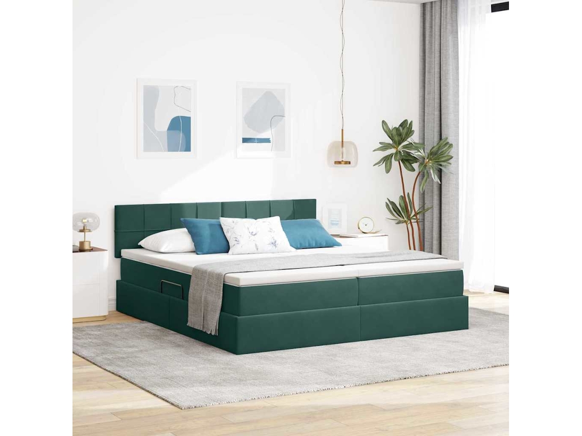 Vidaxl Cama De Armazenamento Led Com Colchão Verde-escuro 200 X 200 Cm