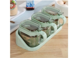 Conjunto De 3 Frascos De Especiarias De Vidro Transparente Com Tampa, Colher E Base (verde)