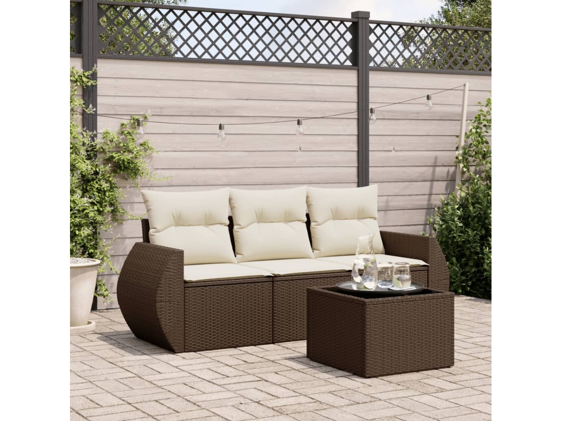 Vidaxl 4 Pcs Conjunto Sofás De Jardim C/ Almofadões Vime Pe Castanho