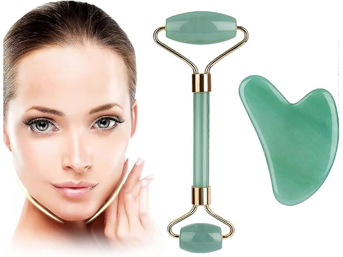 Conjunto de Rolo Jade e Gua Sha, Massageador Facial, Ferramenta Massagem Facial para Cuidados com a Pele GOKOCO (verde)