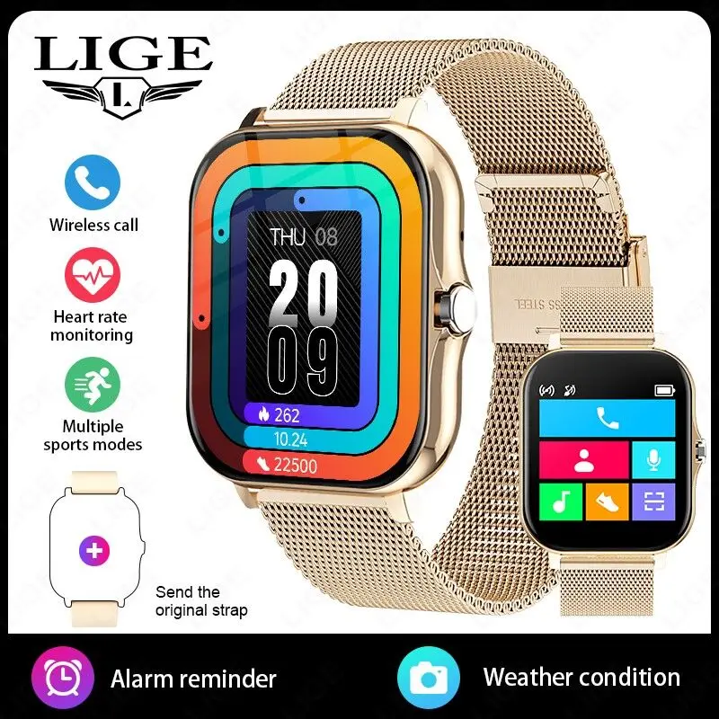 Smartwatch MDUG com Tela de Toque de 1,44 Polegadas, Esportes, Chamadas Bluetooth, Pulseira de Grade (ouro)
